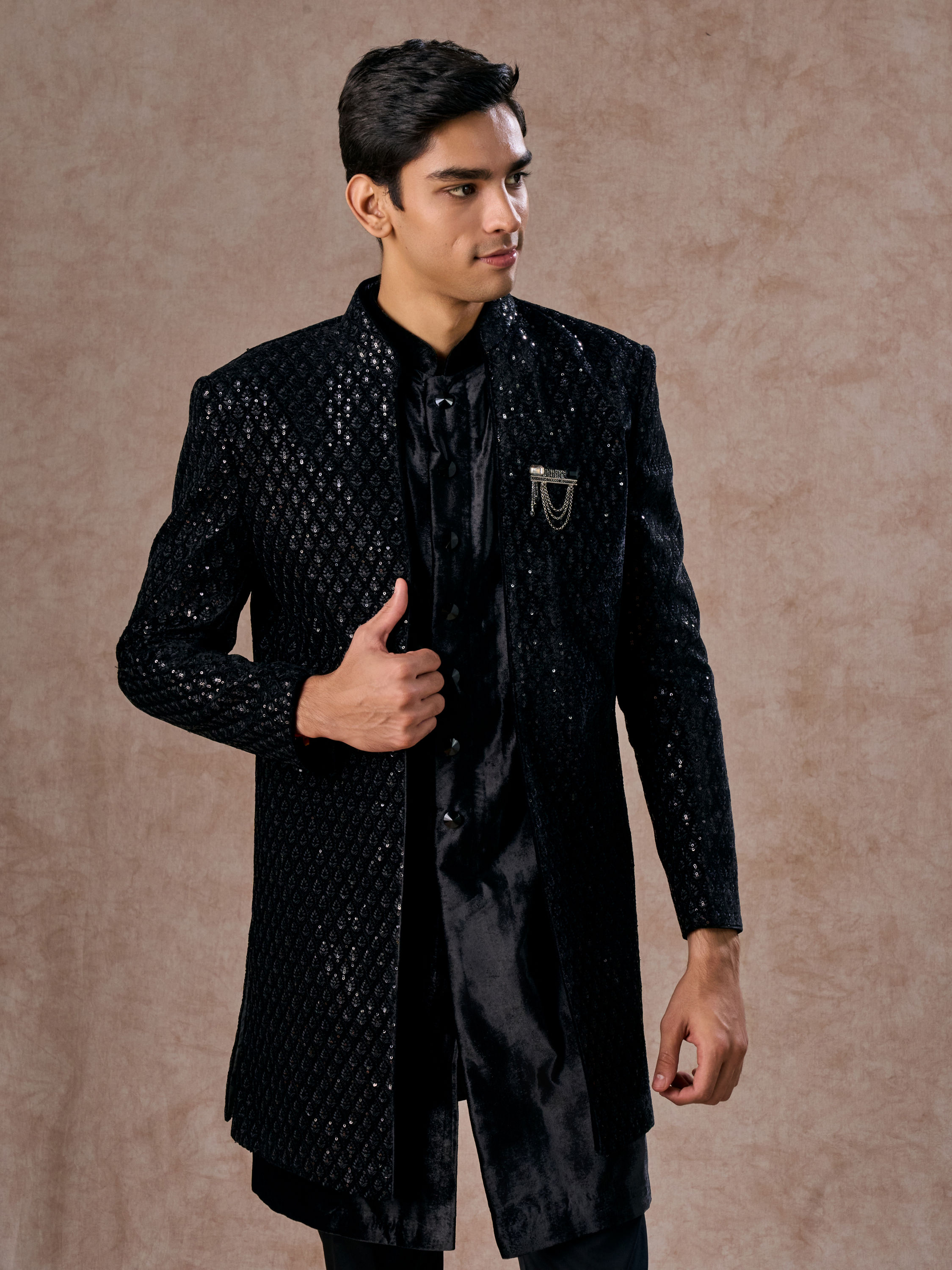 Manyavar Men Black Velvet Elegance Indo Western