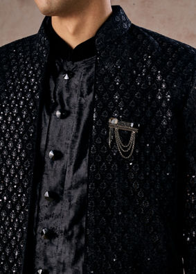 Manyavar Men Black Velvet Elegance Indo Western