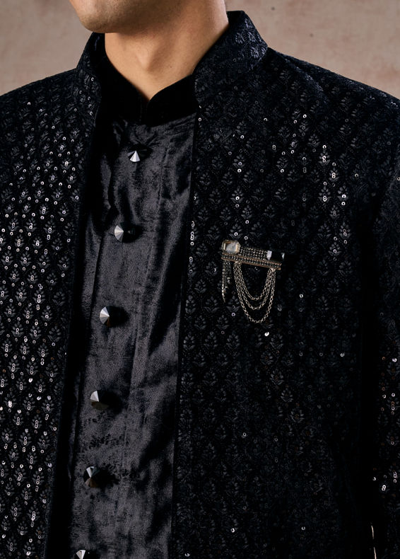 Manyavar Men Black Velvet Elegance Indo Western