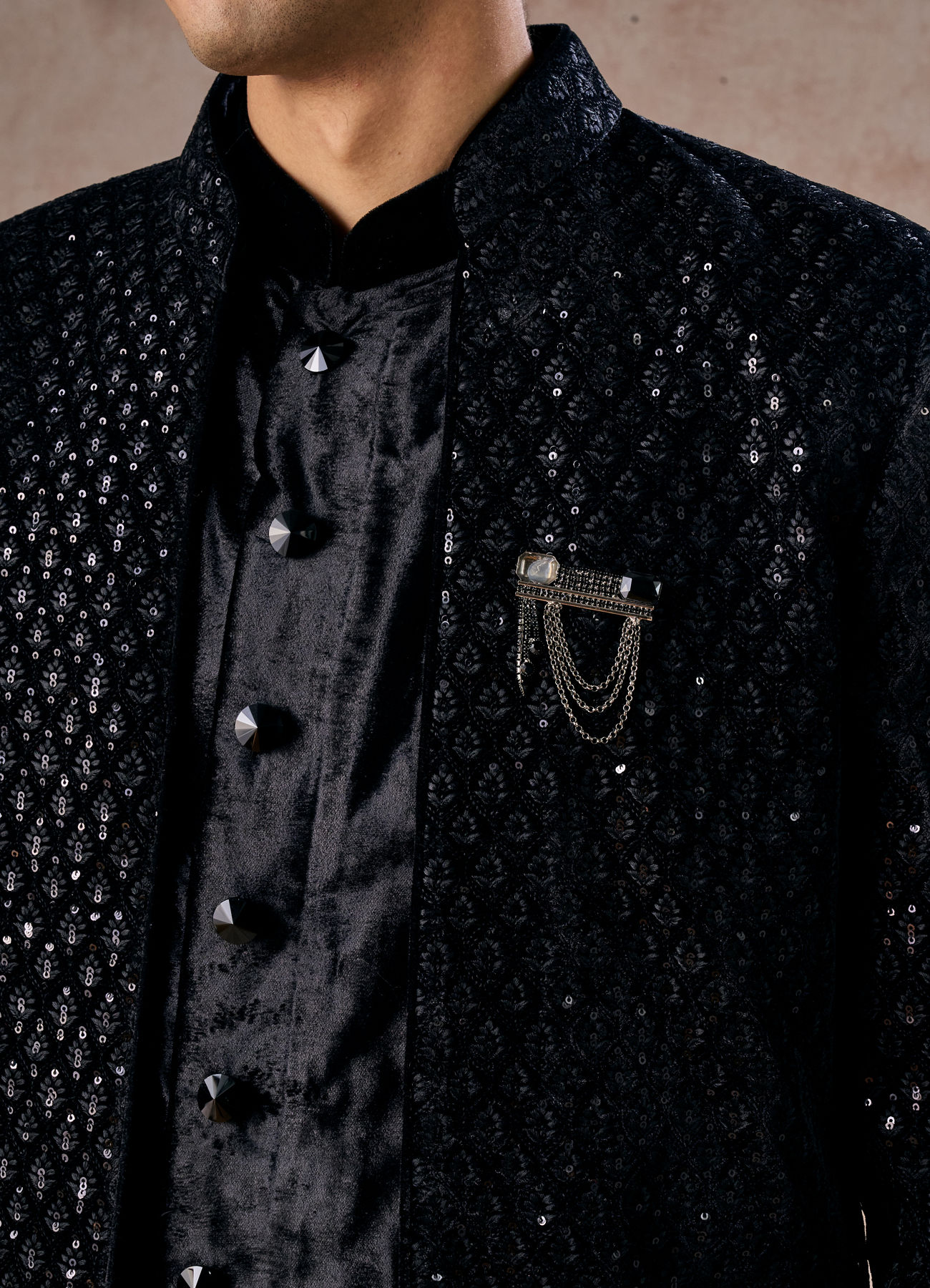 Manyavar Men Black Velvet Elegance Indo Western