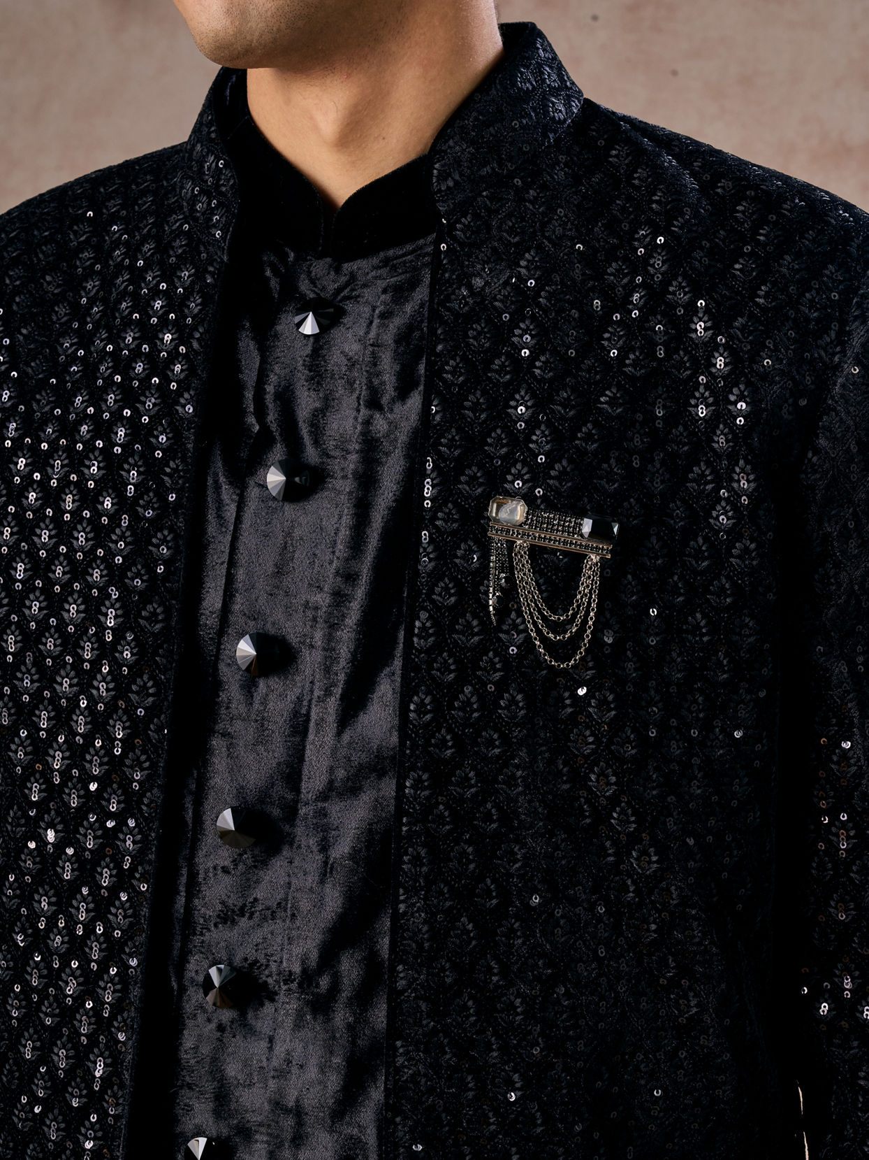 Manyavar Men Black Velvet Elegance Indo Western