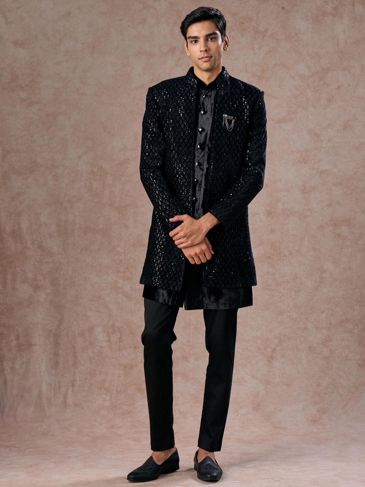 Manyavar Men Black Velvet Elegance Indo Western