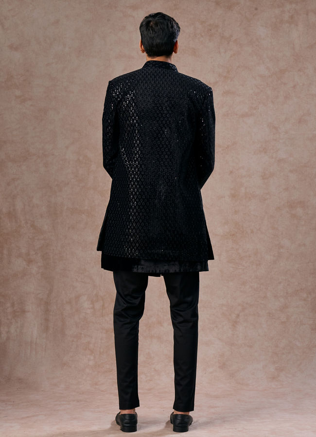 Manyavar Men Black Velvet Elegance Indo Western