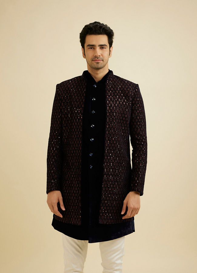 alt message - Manyavar Men Mahogany Brown Sequinned Indo Western Set image number 0