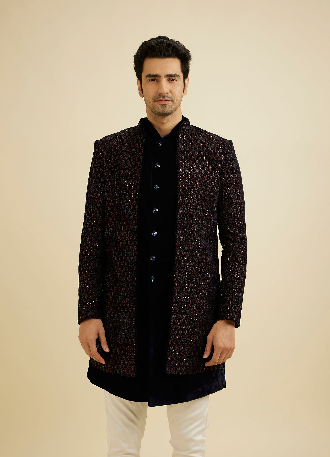 Manyavar Men Mahogany Brown Sequinned Indo Western Set