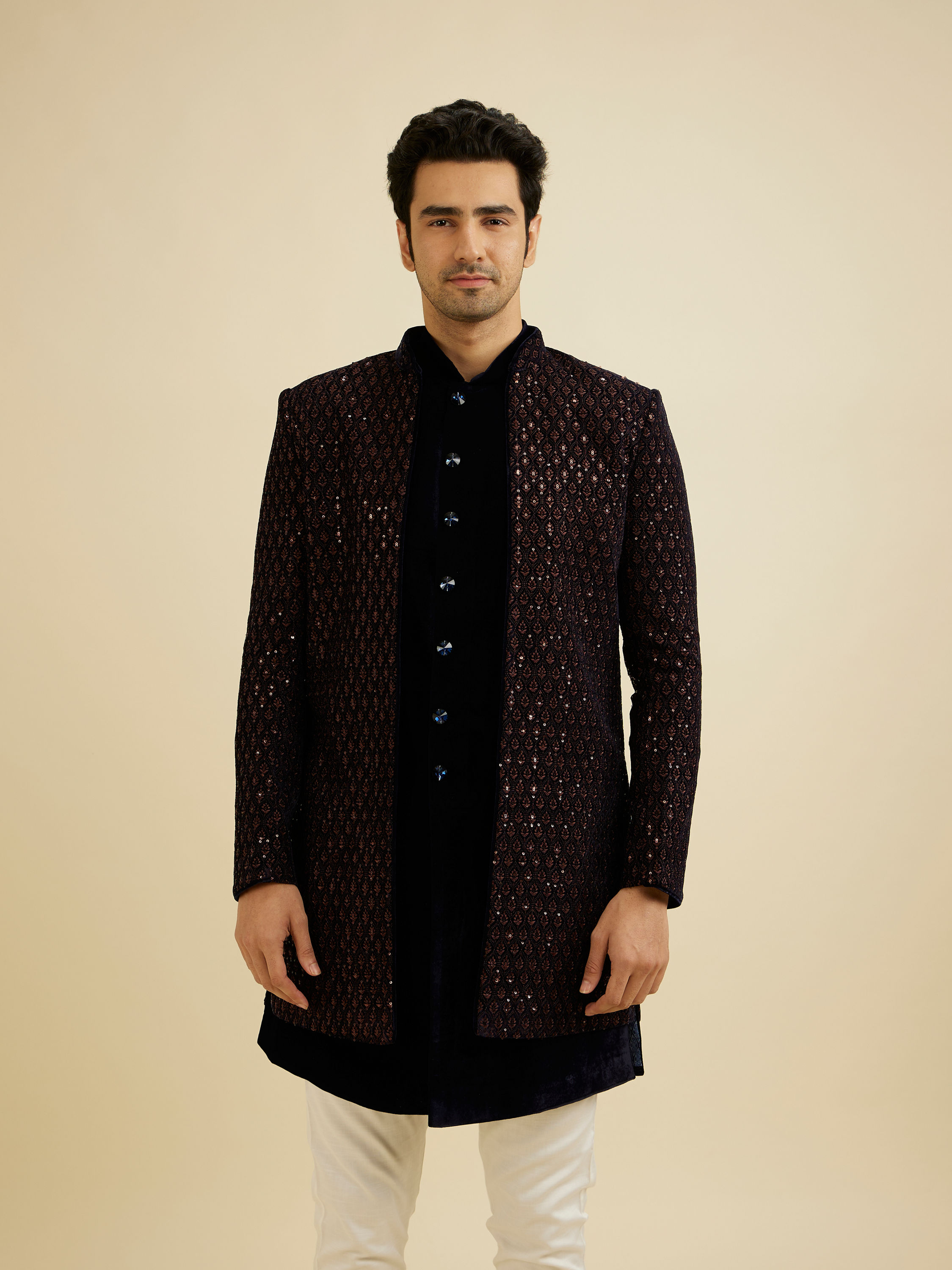 Manyavar Men Mahogany Brown Sequinned Indo Western Set