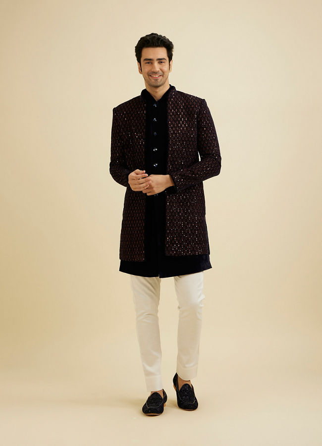 Manyavar Men Mahogany Brown Sequinned Indo Western Set