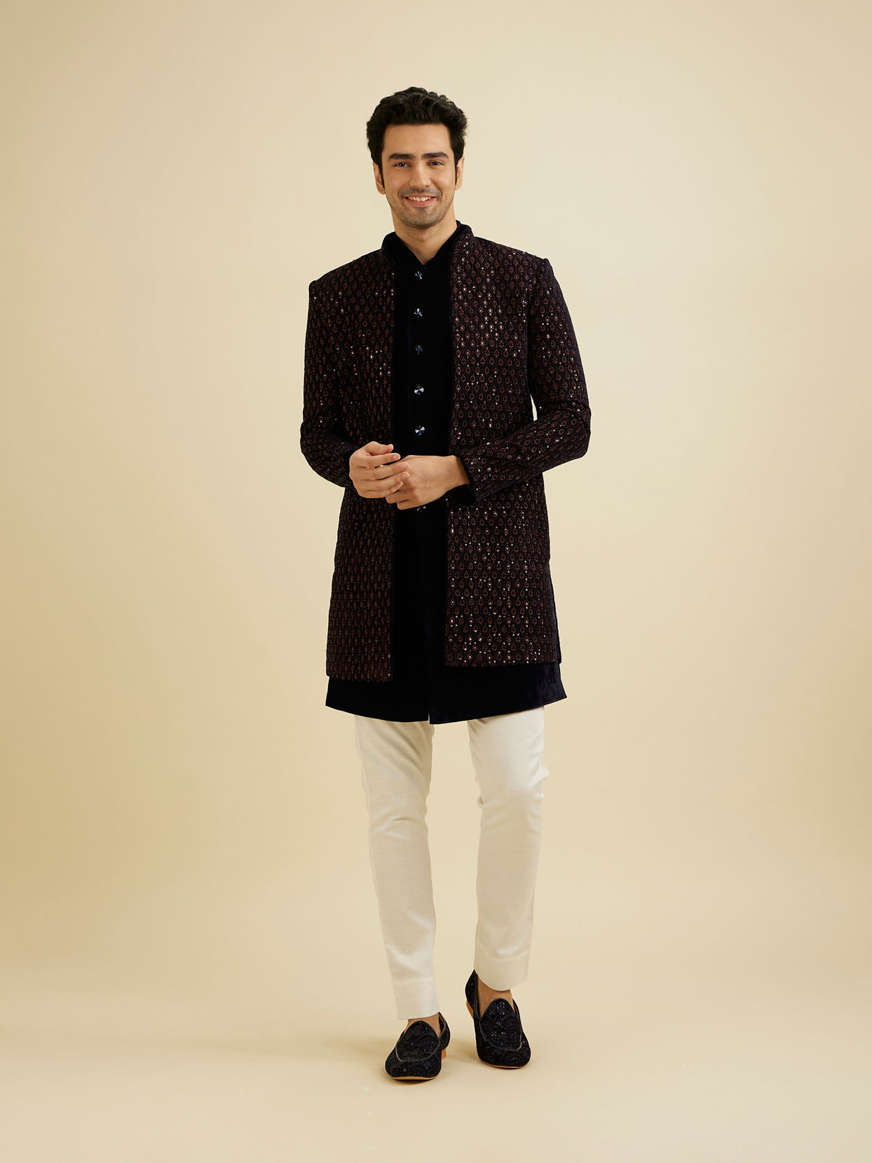 Manyavar Men Mahogany Brown Sequinned Indo Western Set