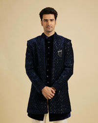 Manyavar Men Navy Blue Sequinned Indo Western Set