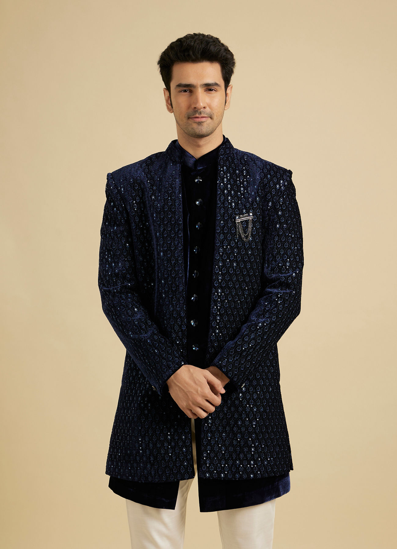 Manyavar Men Navy Blue Sequinned Indo Western Set