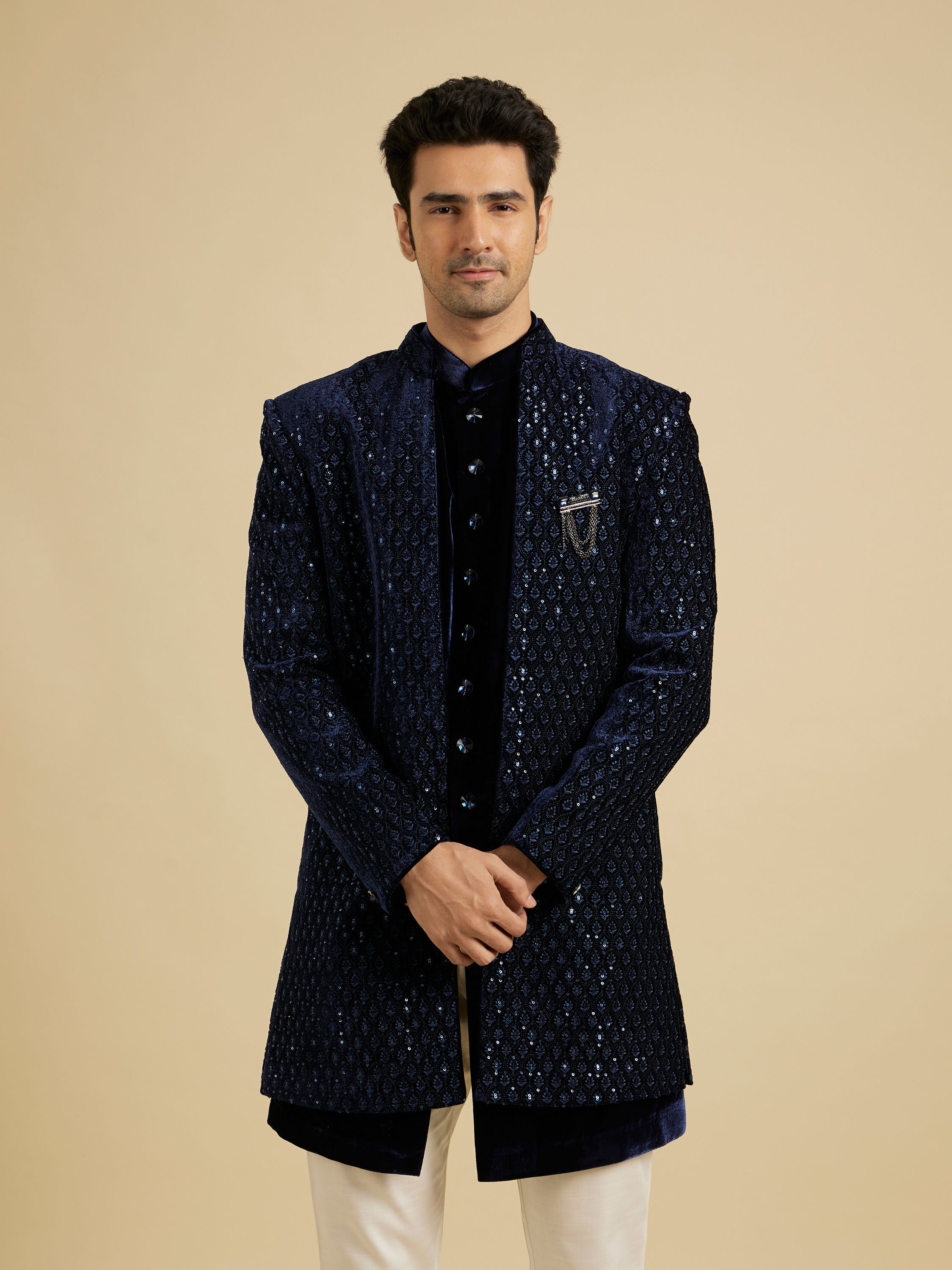 Manyavar Men Navy Blue Sequinned Indo Western Set