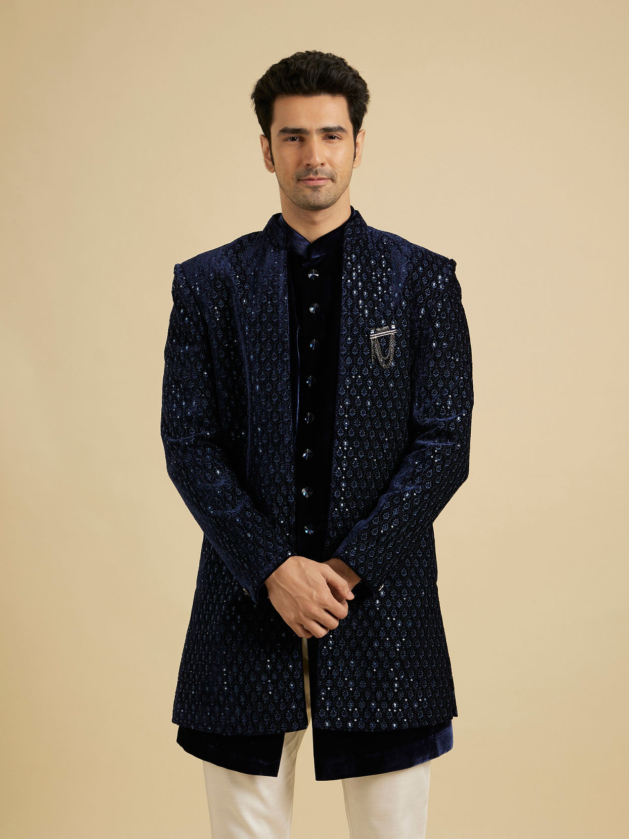 alt message - Manyavar Men Regal Dark Blue Velvet Indo Western image number 0