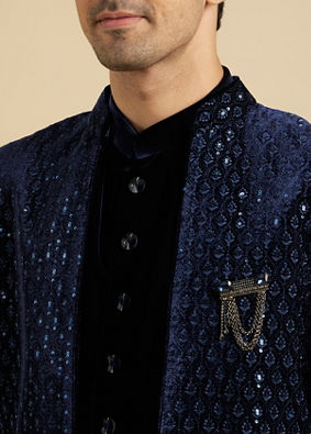 Manyavar Men Regal Dark Blue Velvet Indo Western image number 1