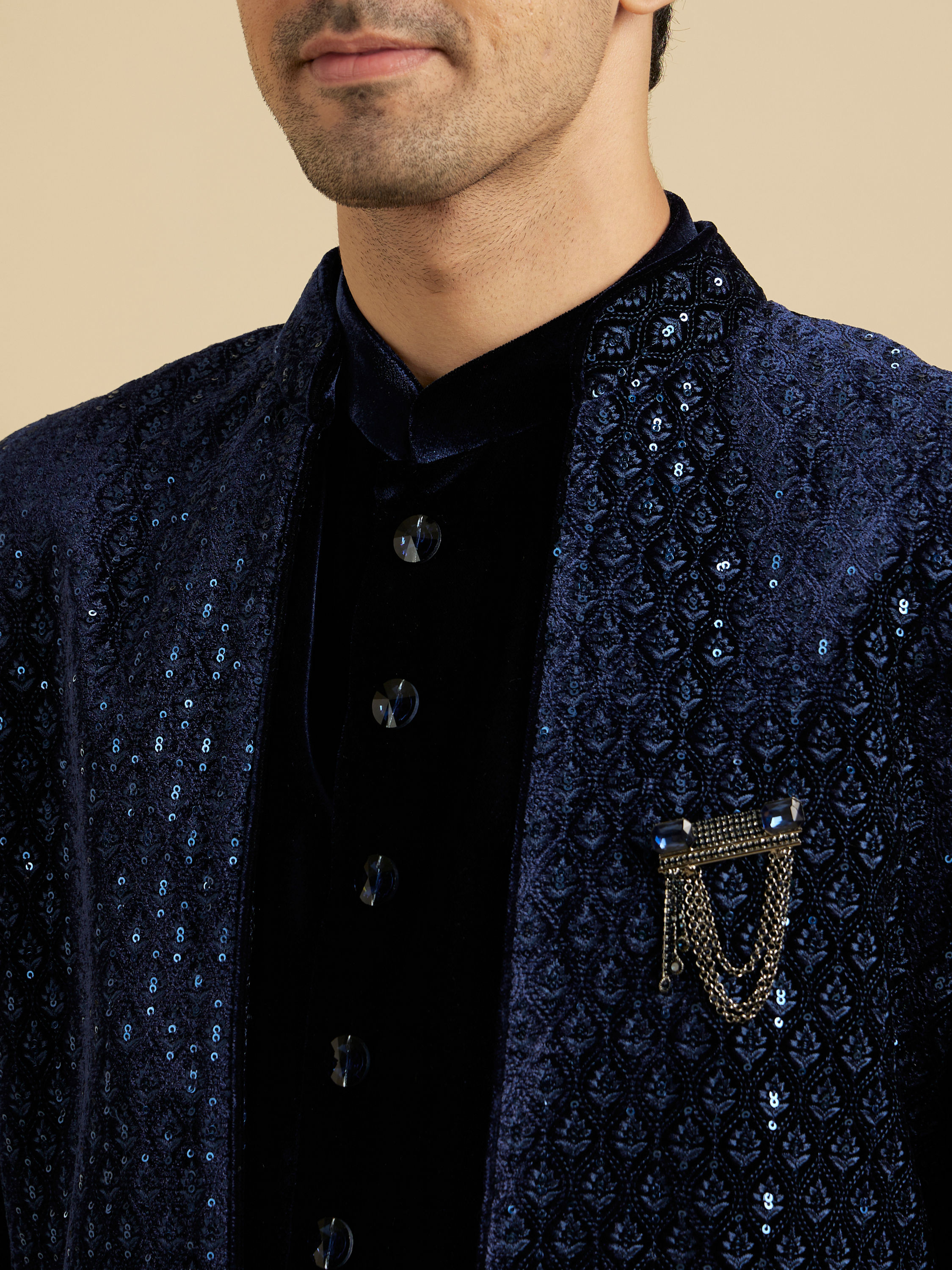 Manyavar Men Navy Blue Sequinned Indo Western Set