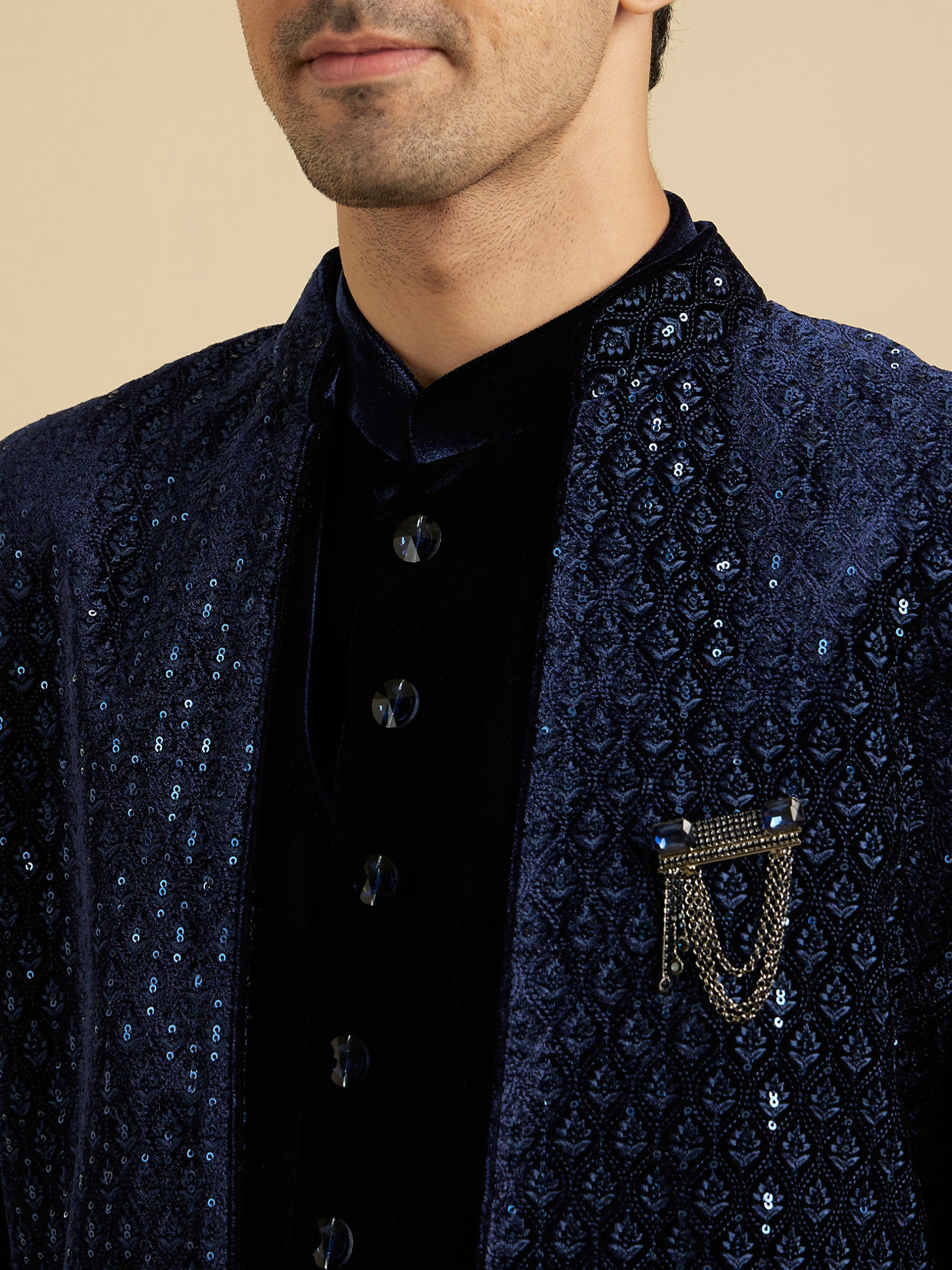 alt message - Manyavar Men Regal Dark Blue Velvet Indo Western image number 1