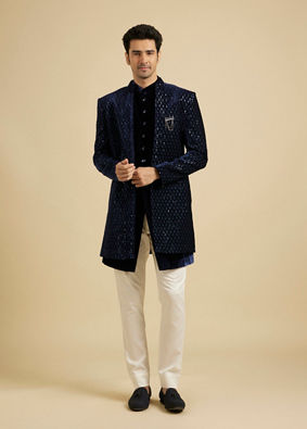 Manyavar Men Regal Dark Blue Velvet Indo Western image number 2