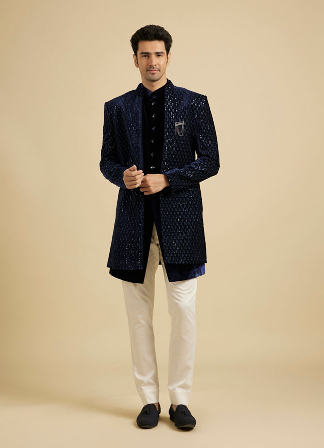 alt message - Manyavar Men Regal Dark Blue Velvet Indo Western image number 2