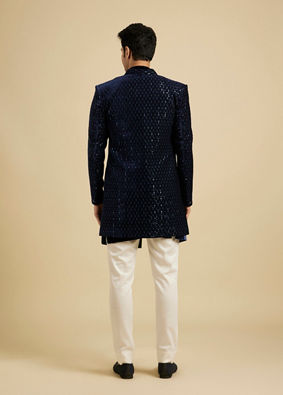 Manyavar Men Regal Dark Blue Velvet Indo Western image number 5