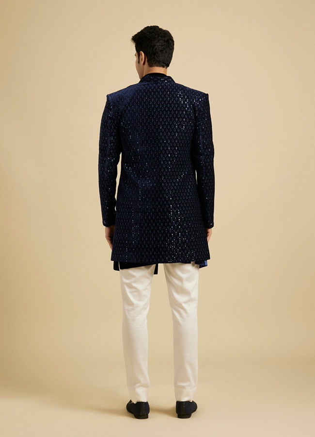 alt message - Manyavar Men Regal Dark Blue Velvet Indo Western image number 5