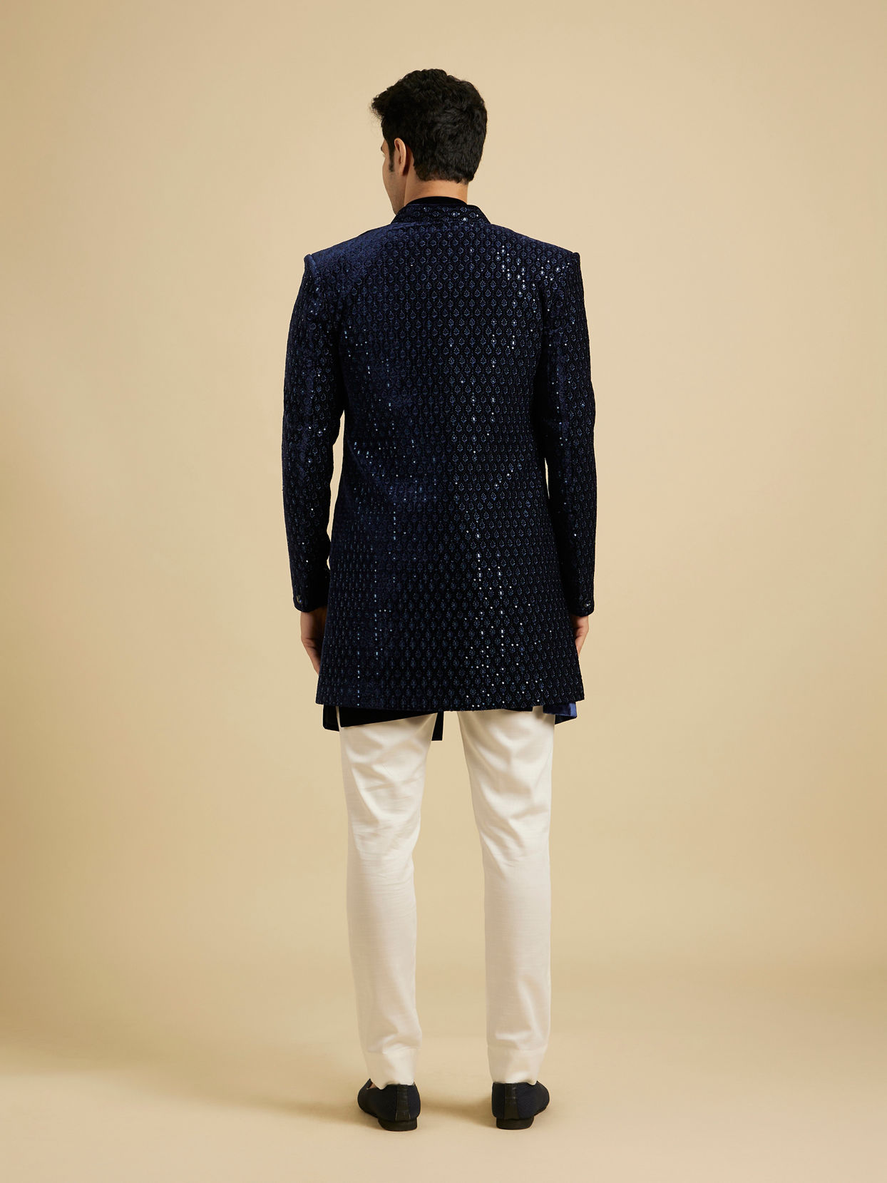 Manyavar Men Navy Blue Sequinned Indo Western Set