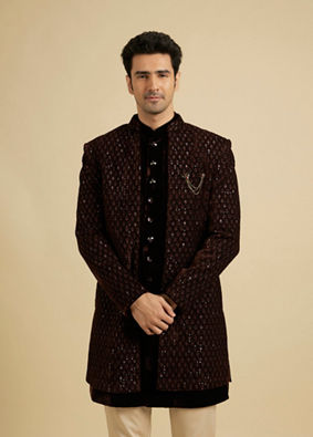 Manyavar Men Royal Brown Velvet Essence Indo Western