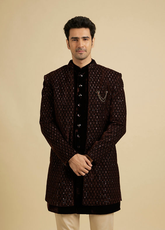 Manyavar Men Royal Brown Velvet Essence Indo Western