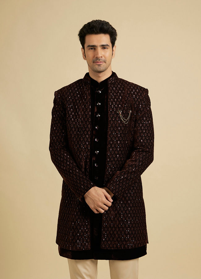 alt message - Manyavar Men Royal Brown Velvet Essence Indo Western image number 0