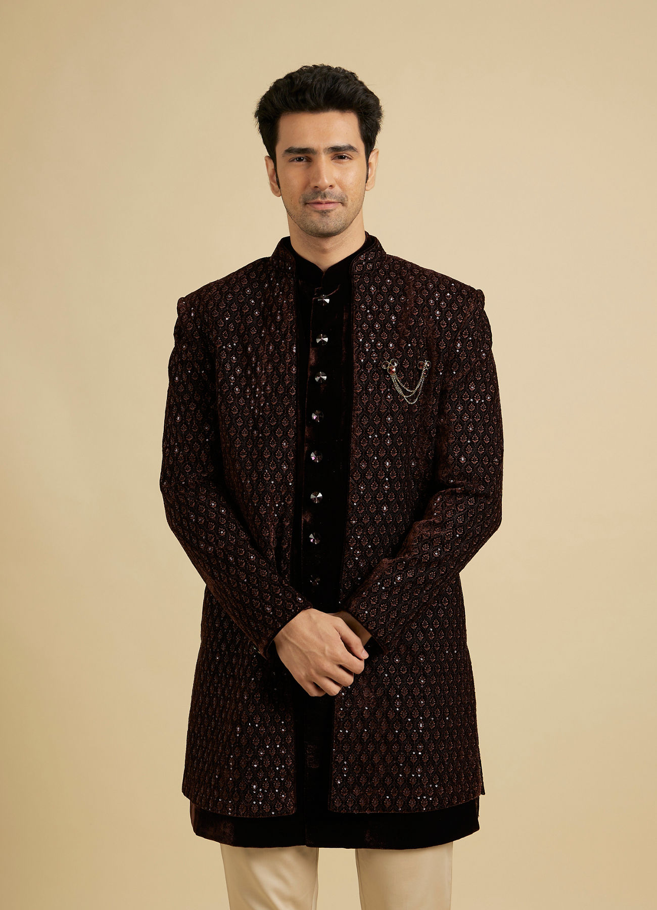 Manyavar Men Royal Brown Velvet Essence Indo Western