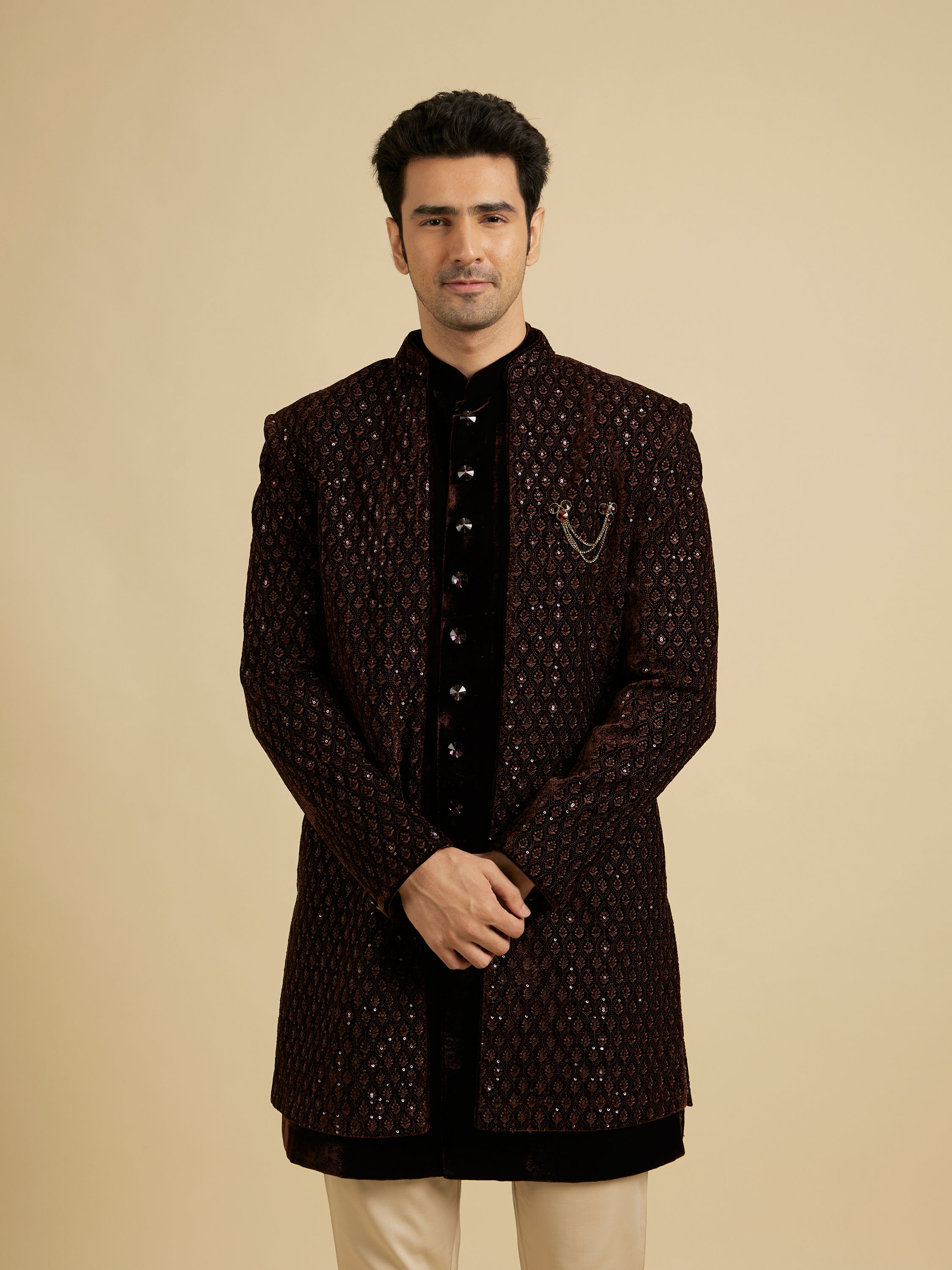 Manyavar Men Royal Brown Velvet Essence Indo Western