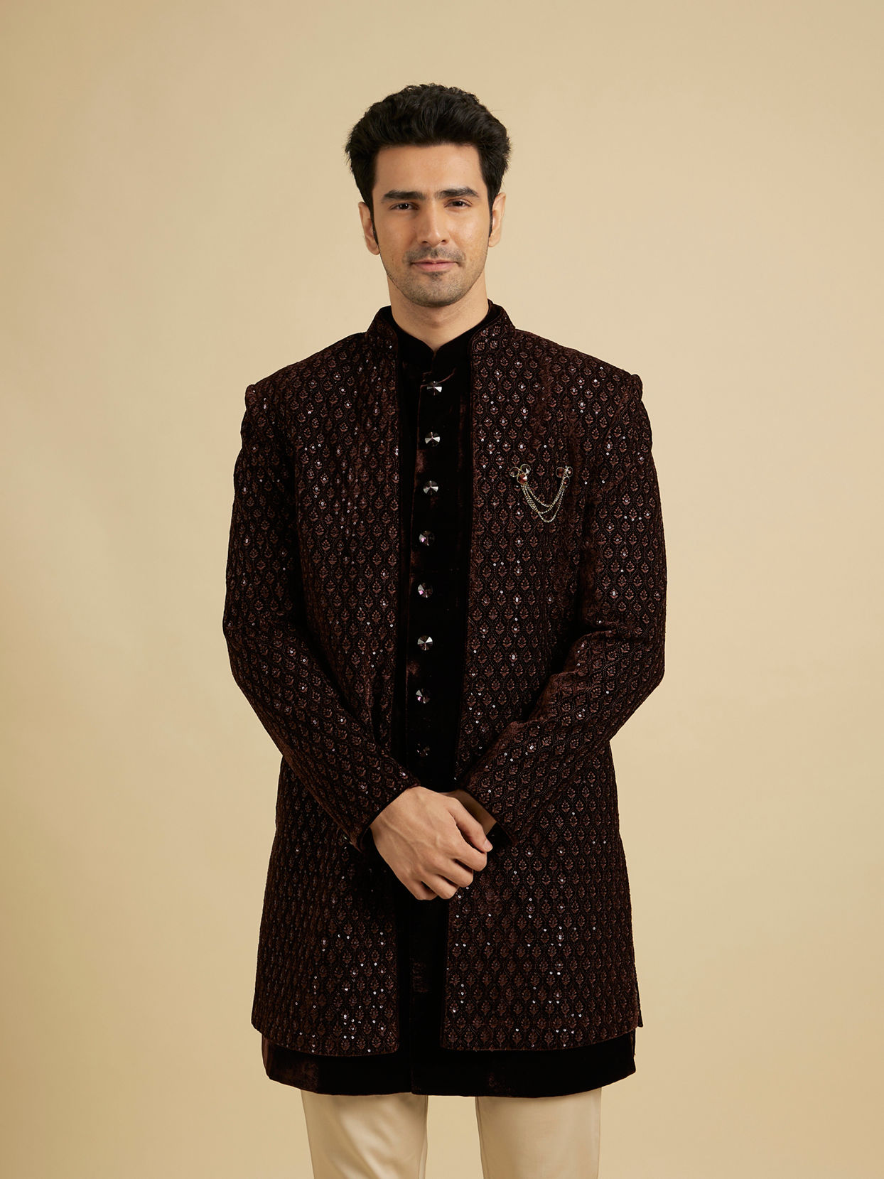 alt message - Manyavar Men Royal Brown Velvet Essence Indo Western image number 0