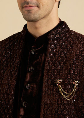 Manyavar Men Royal Brown Velvet Essence Indo Western image number 1