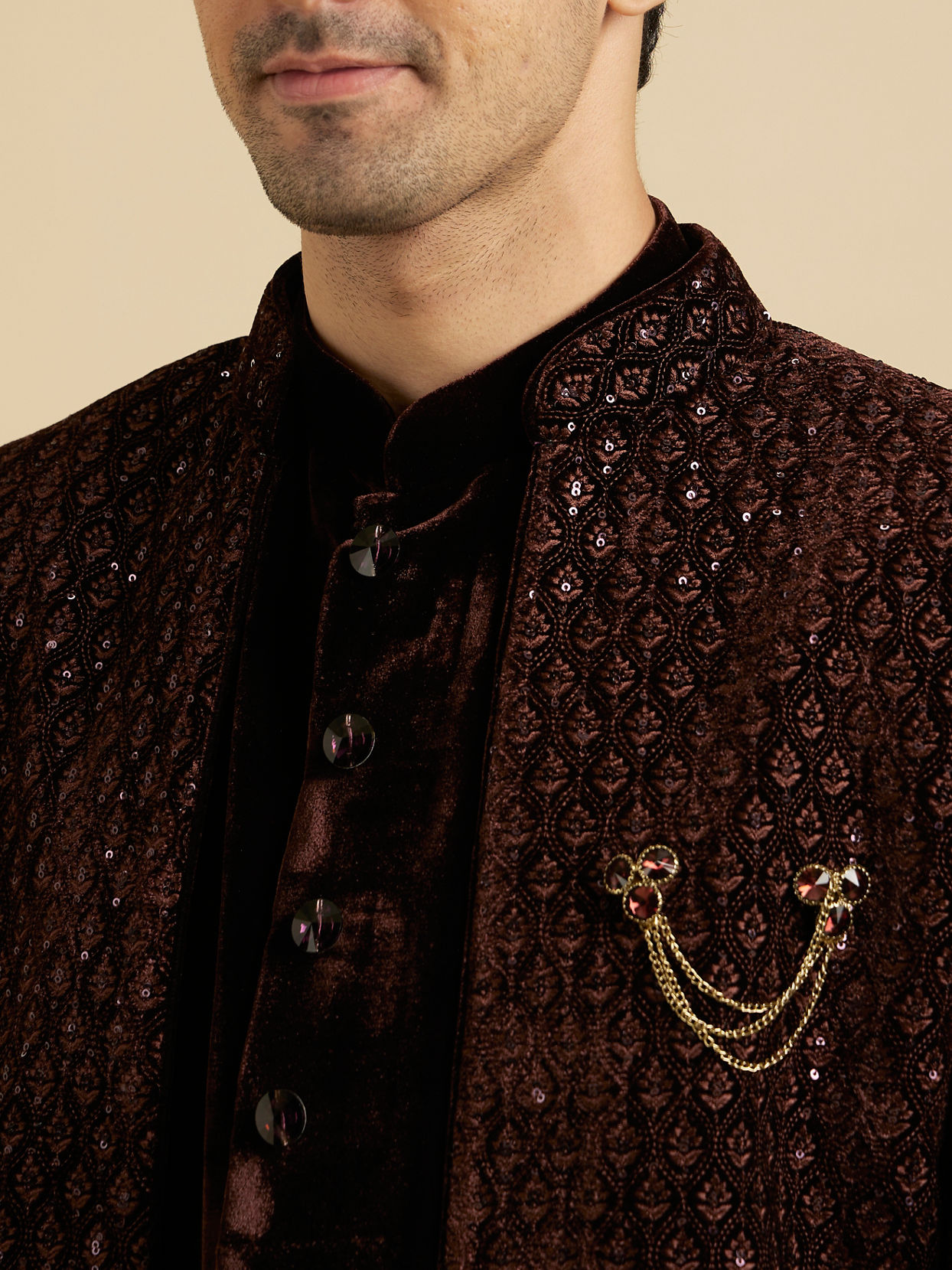 Manyavar Men Royal Brown Velvet Essence Indo Western