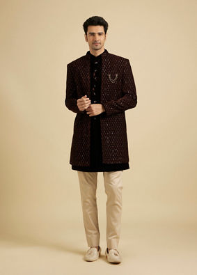 Manyavar Men Royal Brown Velvet Essence Indo Western image number 2