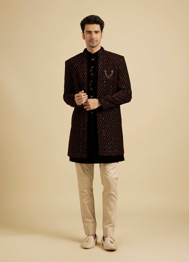 alt message - Manyavar Men Royal Brown Velvet Essence Indo Western image number 2