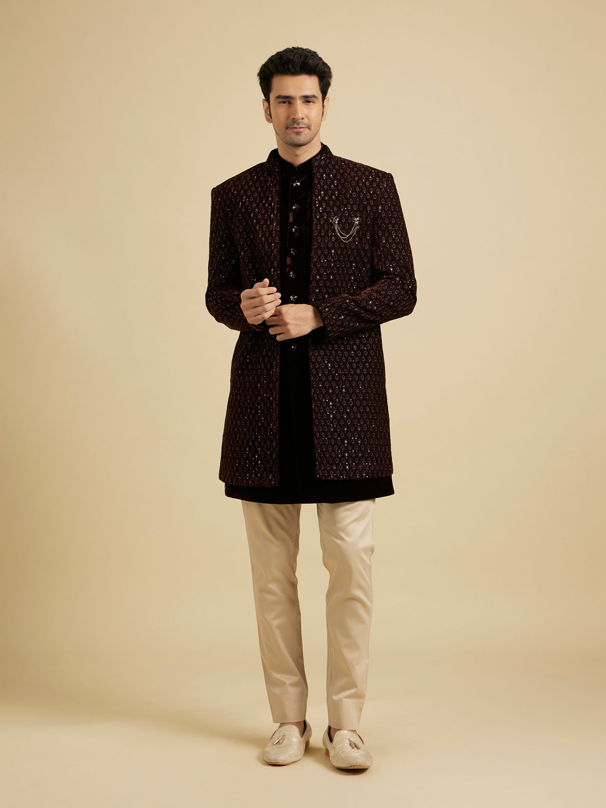 Manyavar Men Royal Brown Velvet Essence Indo Western