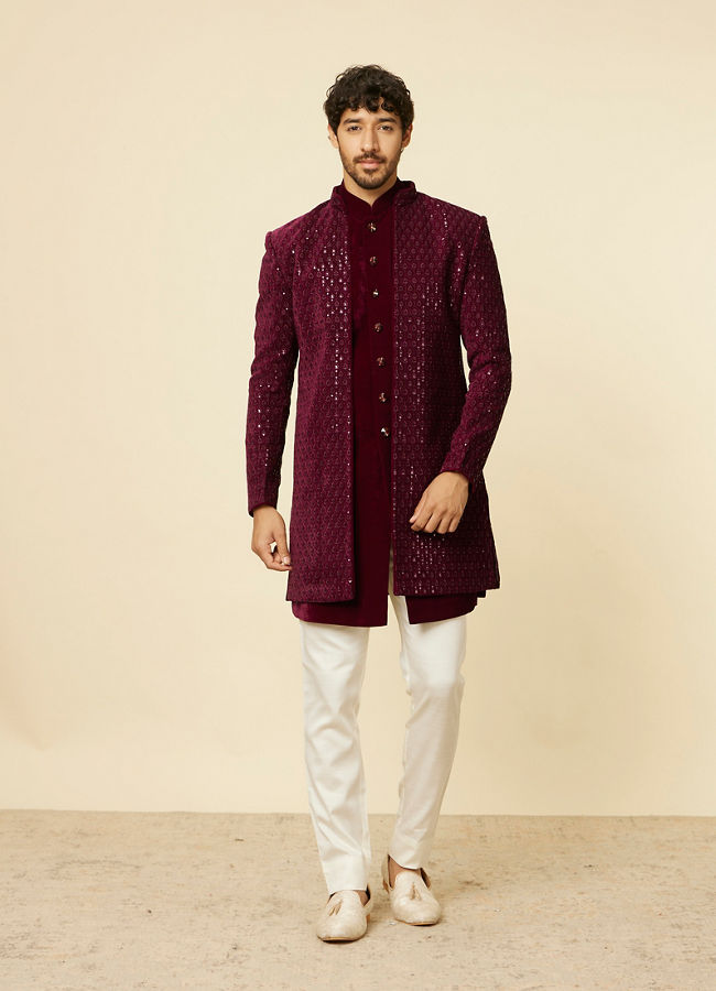 alt message - Manyavar Men Deep Wine Sequined Indo Western Set image number 2