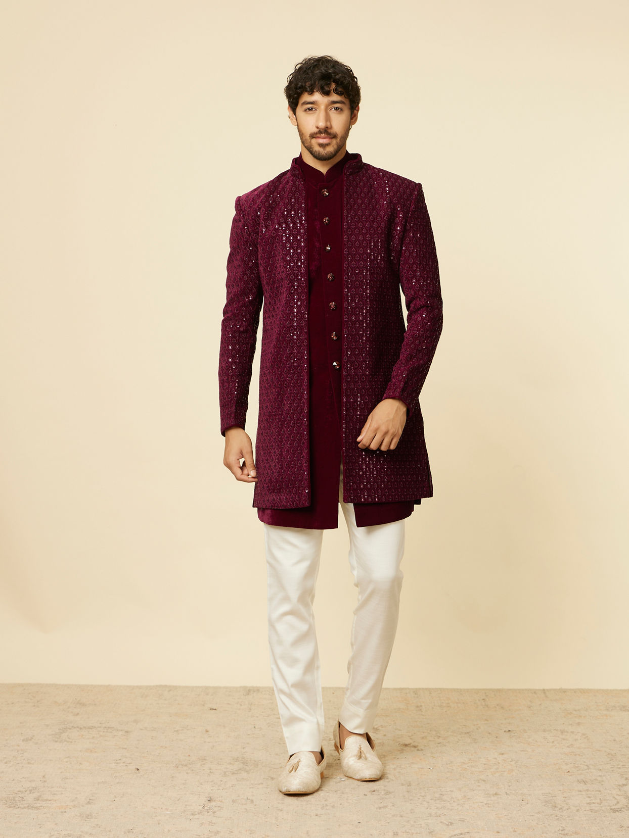 alt message - Manyavar Men Deep Wine Sequined Indo Western Set image number 2