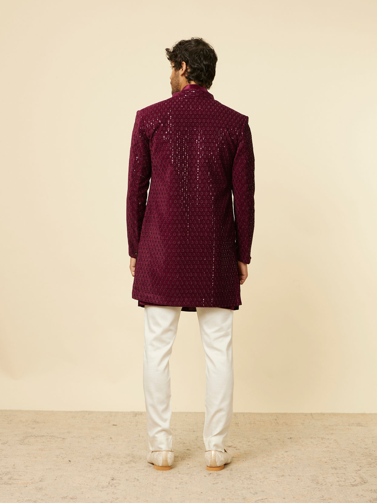 Manyavar Men Deep Wine Sequined Indo Western Set