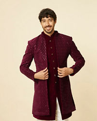 Manyavar Men Deep Wine Sequined Indo Western Set