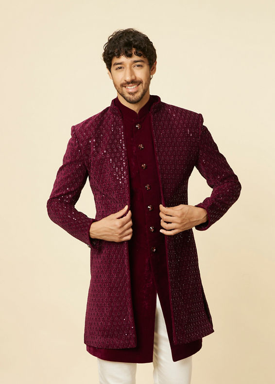 Manyavar Men Deep Wine Sequined Indo Western Set