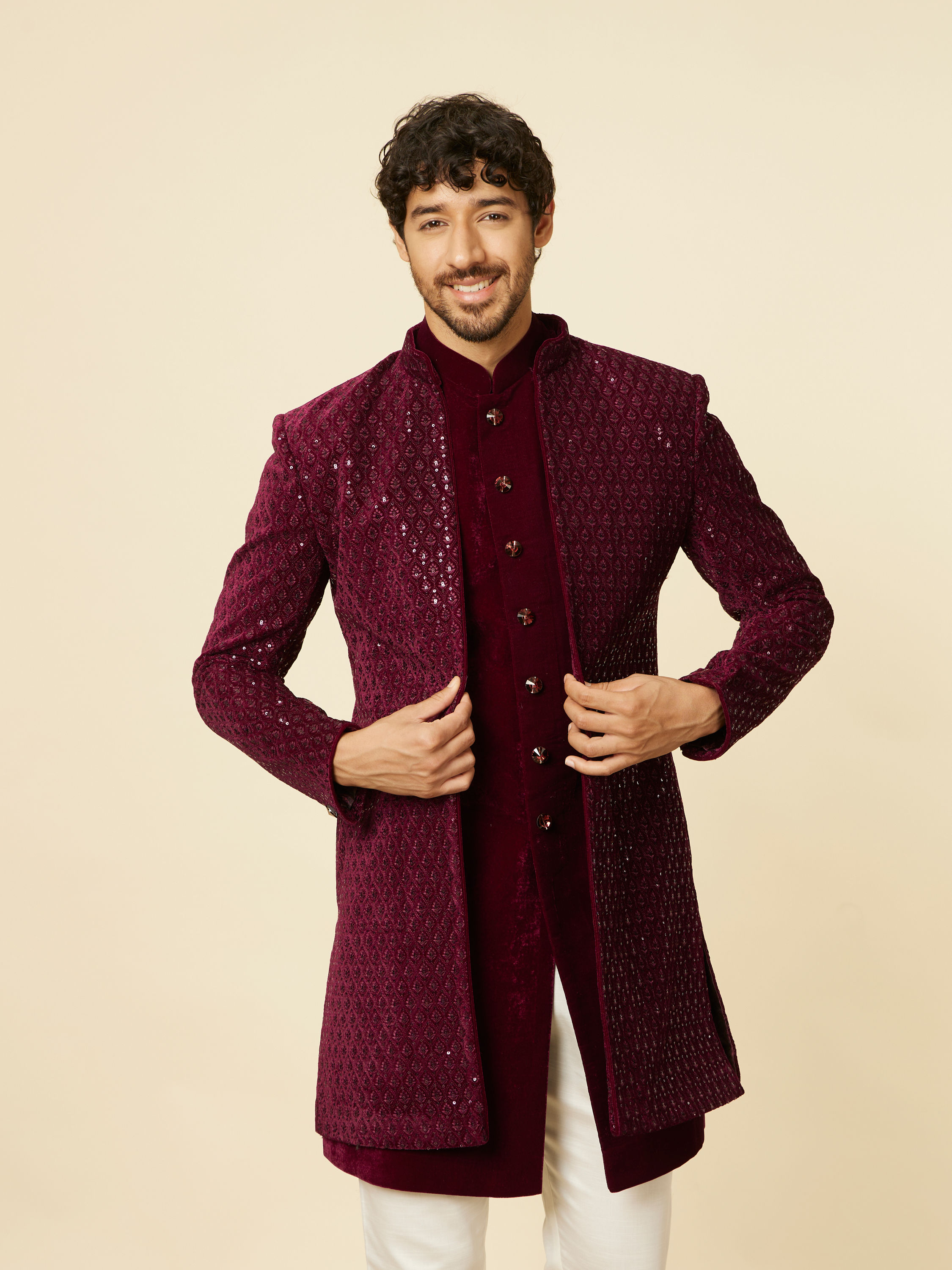 Manyavar Men Deep Wine Sequined Indo Western Set