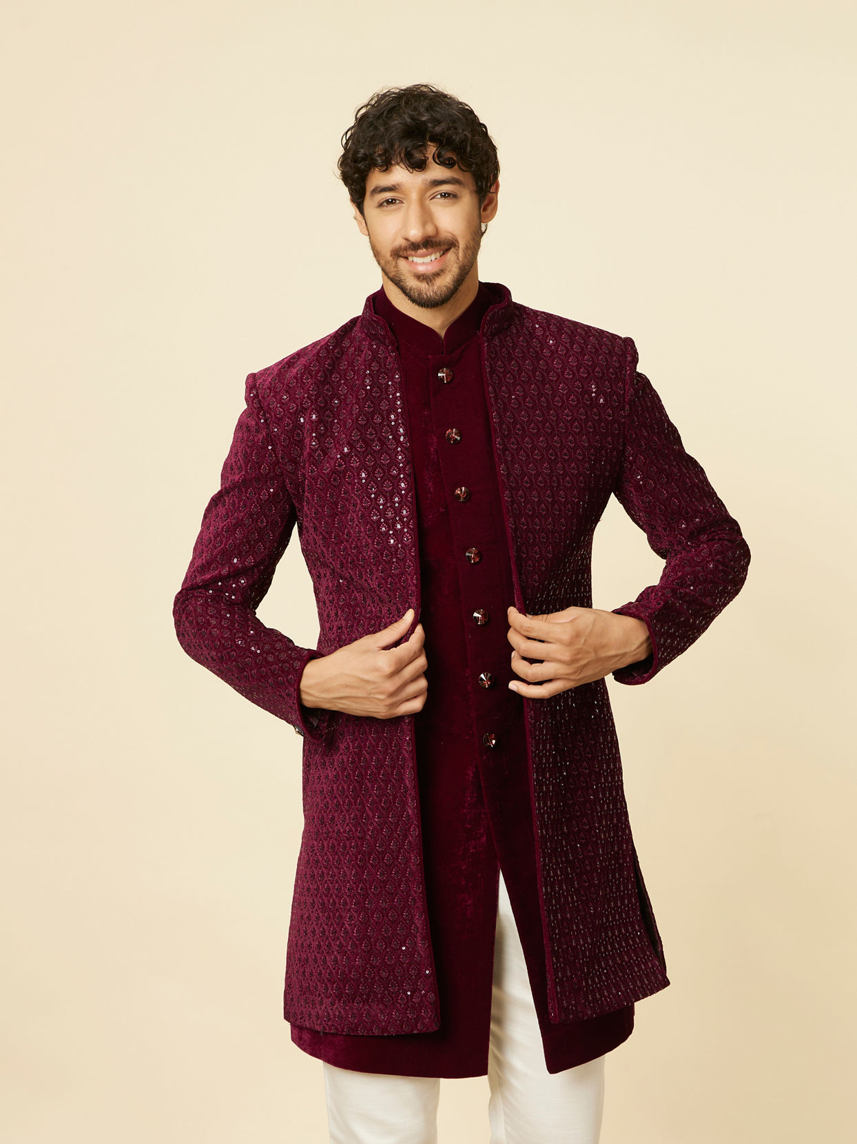 alt message - Manyavar Men Deep Wine Sequined Indo Western Set image number 0