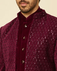 Manyavar Men Deep Wine Sequined Indo Western Set