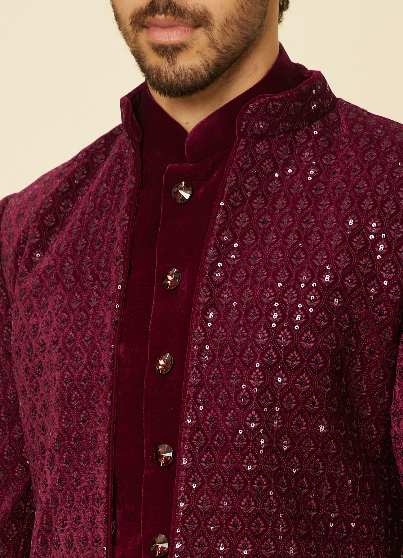 Manyavar Men Deep Wine Sequined Indo Western Set