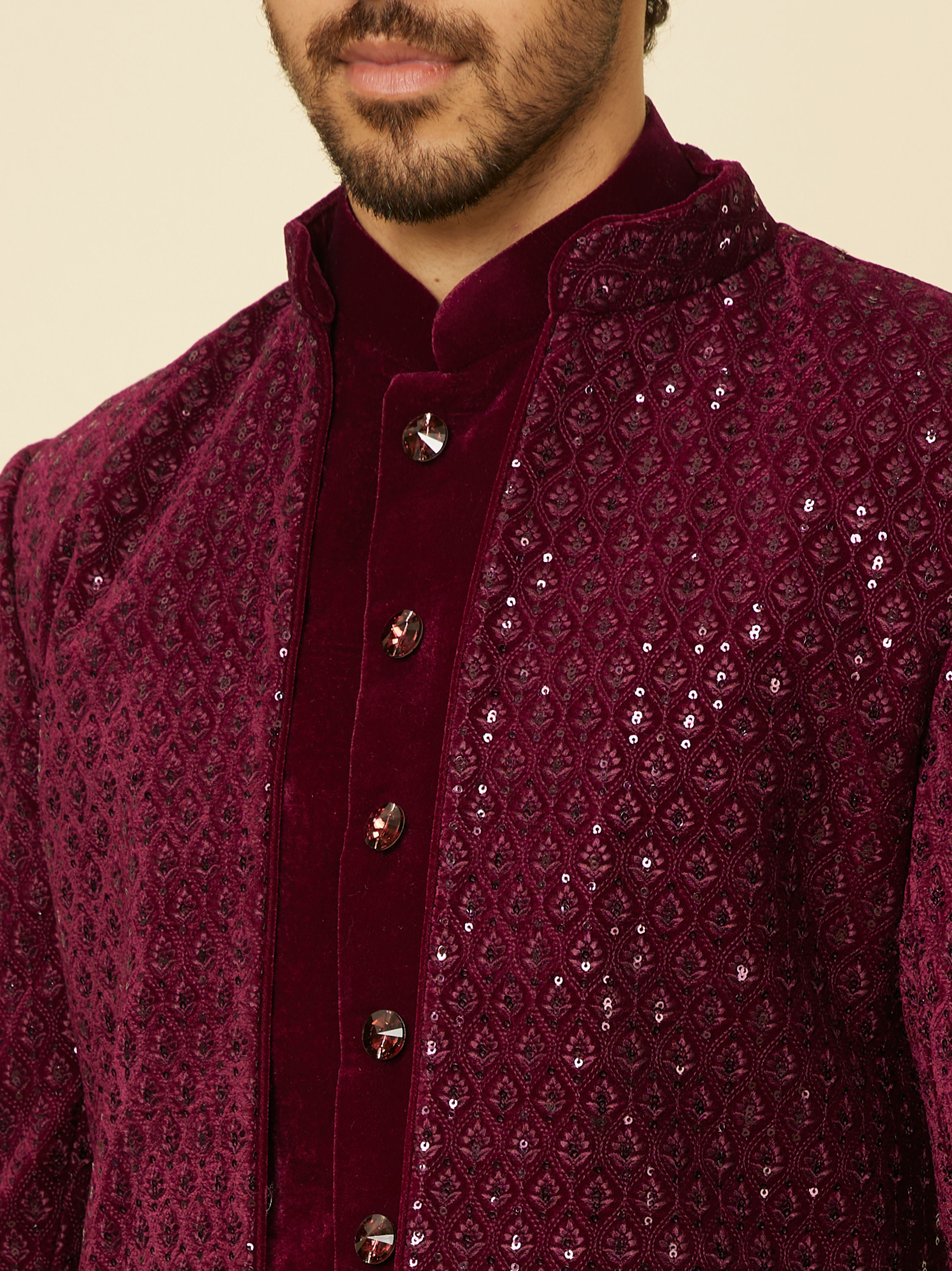 Manyavar Men Deep Wine Sequined Indo Western Set