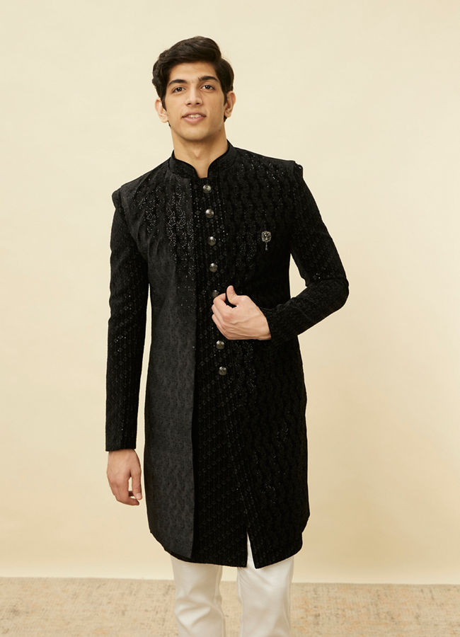 alt message - Manyavar Men Smokey Black Embroidered Layered Indo Western Set image number 0