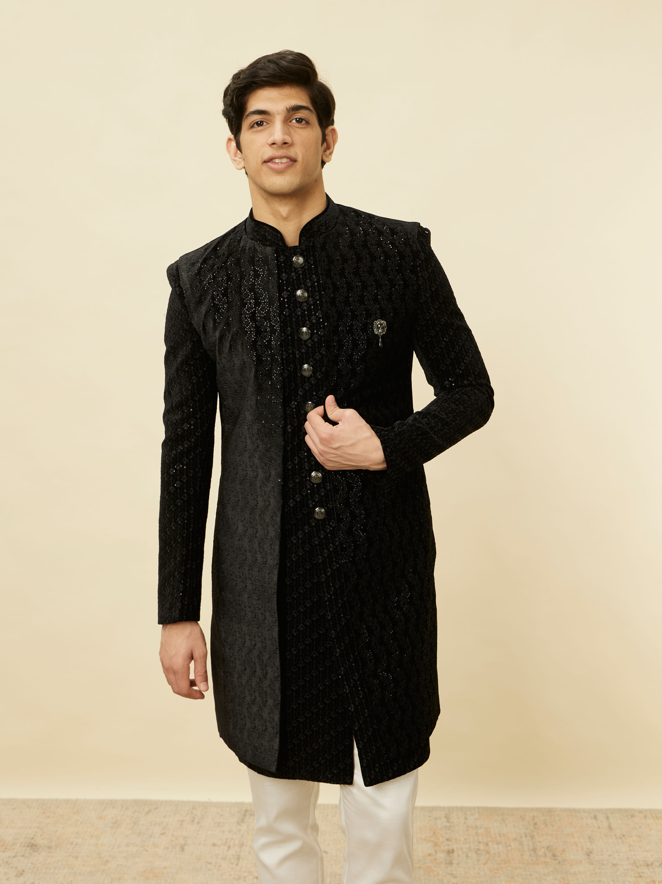 Manyavar Men Smokey Black Embroidered Layered Indo Western Set
