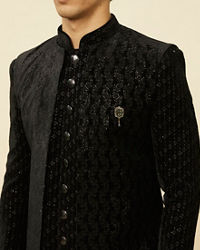 Manyavar Men Smokey Black Embroidered Layered Indo Western Set