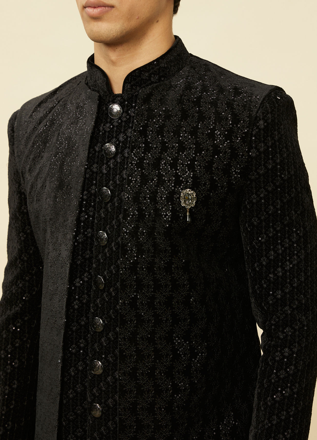 Manyavar Men Smokey Black Embroidered Layered Indo Western Set