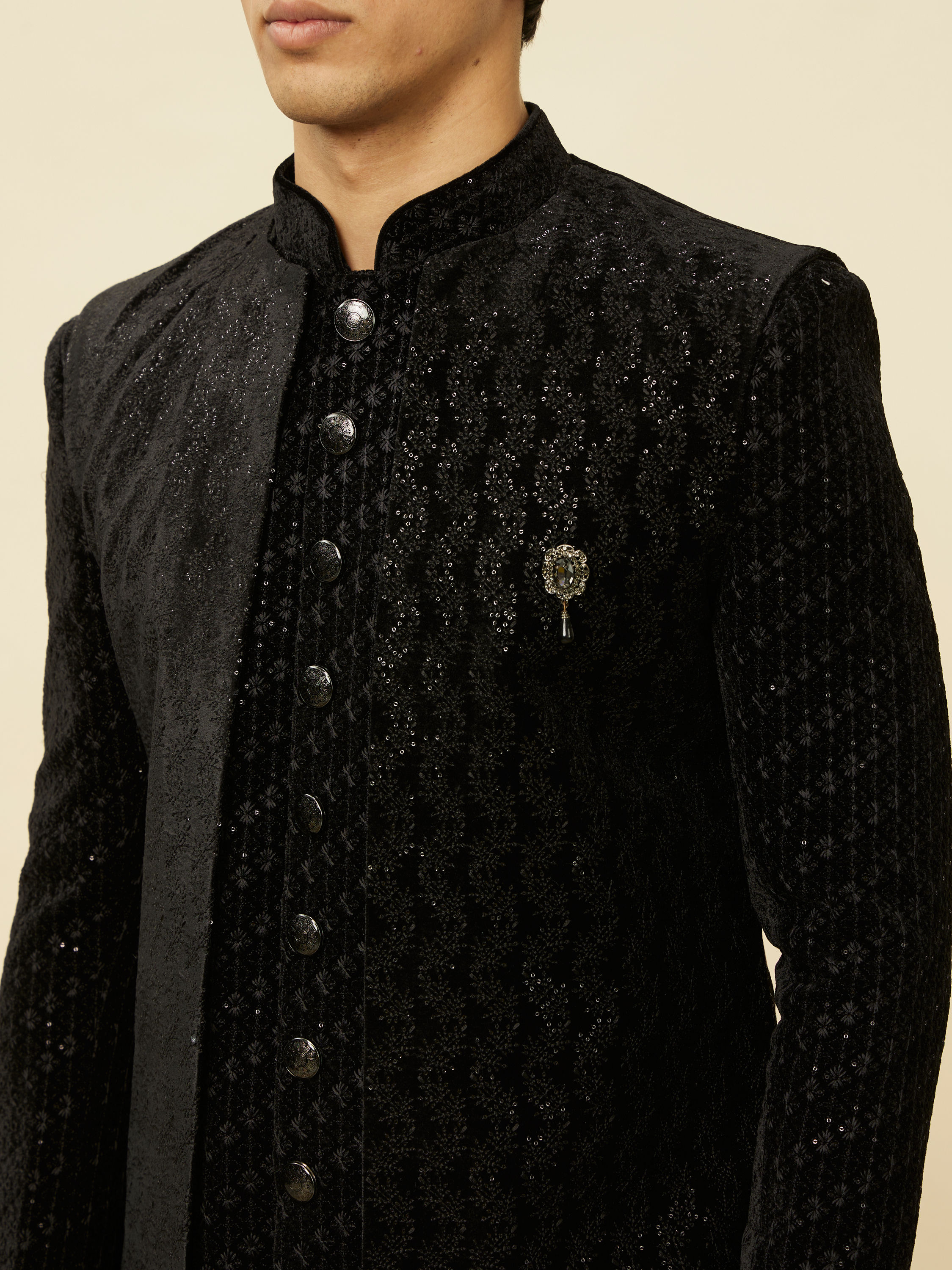 Manyavar Men Smokey Black Embroidered Layered Indo Western Set